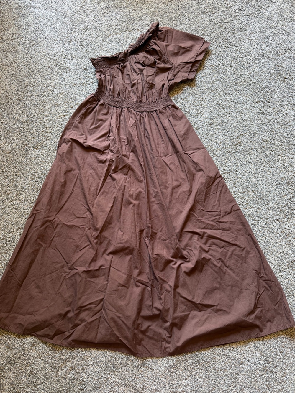 J.CREW Chocolate Brown Sz S One Shoulder Smocked Cotton Poplin Midi Dress BR403